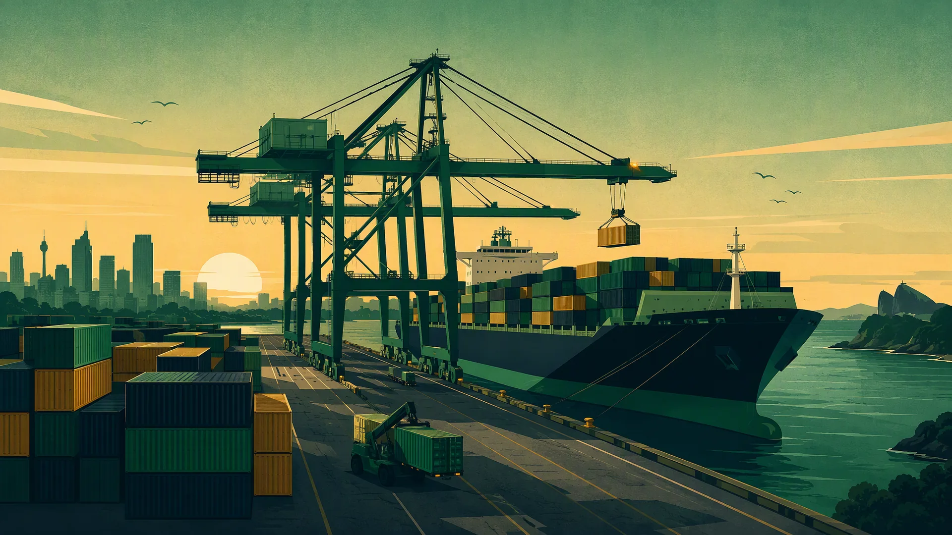 Illustration of a container ship being loaded by gantry cranes at an Australian port at dawn